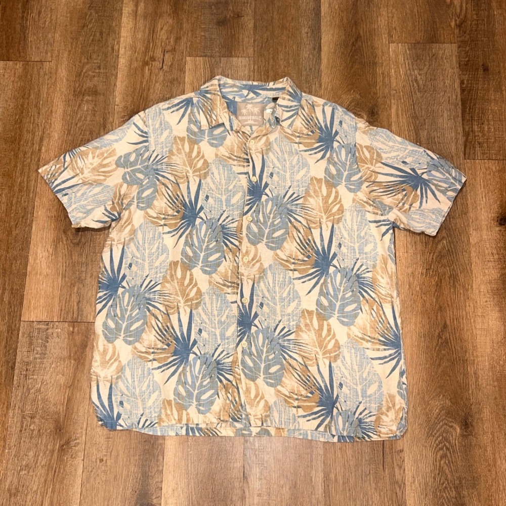 Margaritaville Mens XL Silk Linen Tropical Monstera Palm Leaf Button Down Shirt